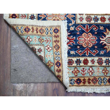 Load image into Gallery viewer, 9'2"x11'10" Smoky White With Dark Blue Border, Dense Weave, Vegetable Dyes, Organic Wool, Hand Knotted, Afghan Super Kazak With Geometric Medallions, Oriental Rug FWR447306