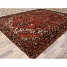Load image into Gallery viewer, 9'9"x12'4" Tomato Red, Hand Knotted, Sides And Ends Professionally Secured, Cleaned, Vintage Persian Heriz, Worn Down With Distressed Look, Oriental Rug FWR511488