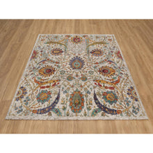 Load image into Gallery viewer, 6'x6' Papyrus White, Sickle Leaf Design, Hand Knotted, Silk With Textured Wool, Square, Oriental Rug FWR551454