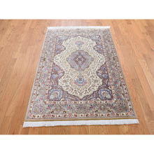 Load image into Gallery viewer, 3&#39;3&quot;x5&#39; Beige Silk Qum Persian Signed 600 KPSI Hand Knotted Oriental Rug FWR289062