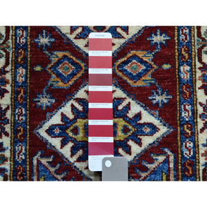 1'10"x3' Red Super Kazak Pure Wool Geometric Design Hand-Knotted Oriental Rug FWR305472