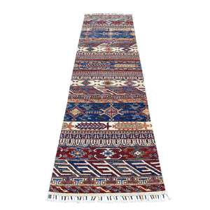 2'4"x9'2" Khorjin Design Runner Blue Super Kazak Tribal Pure Wool Hand Knotted Oriental Rug FWR317106