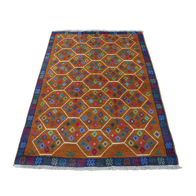 4'x6' Brown Colorful Afghan Baluch Tribal Design Hand Knotted 100% Wool Oriental Rug FWR319098