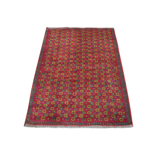 3'8"x4'7" Red Colorful Afghan Baluch All Over Design Hand Knotted Pure Wool Oriental Rug FWR319704