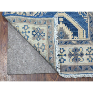 2'8"x9'5" Blue Hand Knotted Vintage Look Kazak Natural Wool Geometric Design Runner Oriental Rug FWR327978