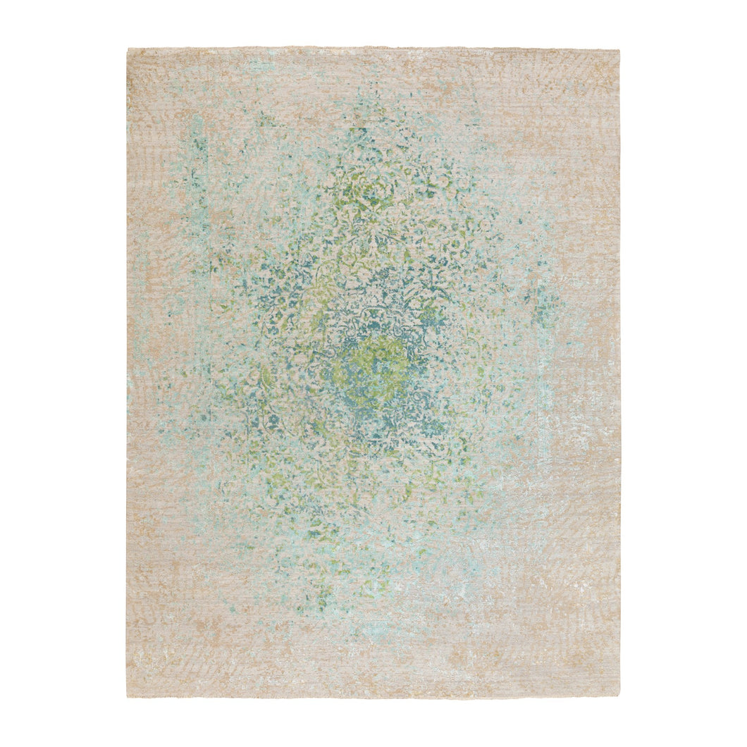 9'x12' Ivory Touch Of Green Pure Silk With Textured Wool Hand Knotted Oriental Rug FWR350652