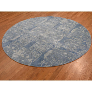 8'1"x8'1" Round Blue Wool And Pure Silk Jewellery Design Hand Knotted Oriental Rug FWR354000
