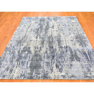 6'x9'3" Ivory Abstract Design Denser Weave Wool with Real Silk Hi-Low Pile Hand Knotted Oriental Rug FWR357114
