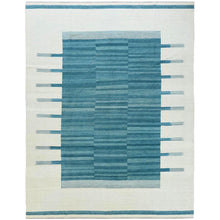 Load image into Gallery viewer, 10&#39;8&quot;x14&#39; Hand Woven Aquamarine Stripe Design Flat Weave Kilim Pure Wool Reversible Oriental Rug FWR360318