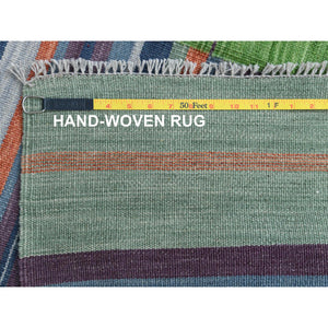 9'3"x12'1" Flat Weave Kilim Pure Wool Hand Woven Stripe Design Reversible Oriental Rug FWR360546