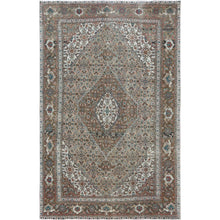 Load image into Gallery viewer, 6&#39;2&quot;x10&#39;2&quot; Beige Clean Natural Wool Shabby Chic Distressed Old Persian Tabriz Mahi Medallion Design Hand Knotted Oriental Rug FWR361086