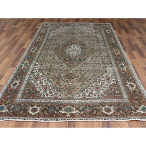 6'2"x10'2" Beige Clean Natural Wool Shabby Chic Distressed Old Persian Tabriz Mahi Medallion Design Hand Knotted Oriental Rug FWR361086