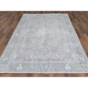 6'3"x9'7" Pink Clean Organic Wool Bohemian Distressed Vintage Look Persian Tabriz Medallion Design Hand Knotted Oriental Rug FWR361170