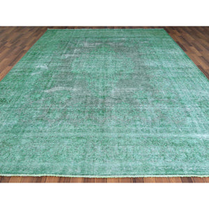 9'7"x12'5" Hand Knotted Shades of Light Green Overdyed Clean Distressed Vintage Persian Kerman Organic Wool Oriental Rug FWR361830