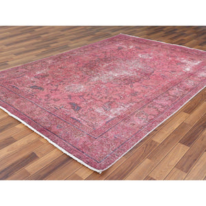 6'9"x9'9" Pink Clean Pure Wool Shabby Chic Distressed Vintage Look Medallion Persian Tabriz Design Hand Knotted Oriental Rug FWR361974