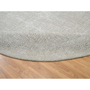 12'x12' Beige Hand Loomed Fine Jacquard with Erased Design Wool and Plant Based Silk Oriental Round Rug FWR372714