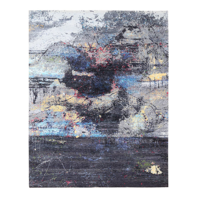 8'x10' Charcoal Black With Pop Of Colors Modern Wool And Silk Hand Knotted Oriental Rug FWR374442