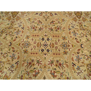 12'x14'10" Oversized Beige Hand Spun New Zealand Wool and Silk Tabriz Revival 300 KPSI Denser Weave Hand Knotted Thick and Plush Natural Dyes Luxurious to the Touch Oriental Rug FWR380124