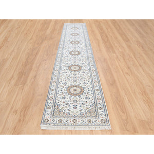 2'8"x14'1" Hand Knotted Ivory Nain with Medallion Center Medallion Design 250 KPSI Wool Oriental Runner Rug FWR380406