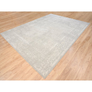 9'x12'1" Beige Wool and Plant Based Silk Hand Loomed Fine Jacquard with Erased Design Oriental Rug FWR380826