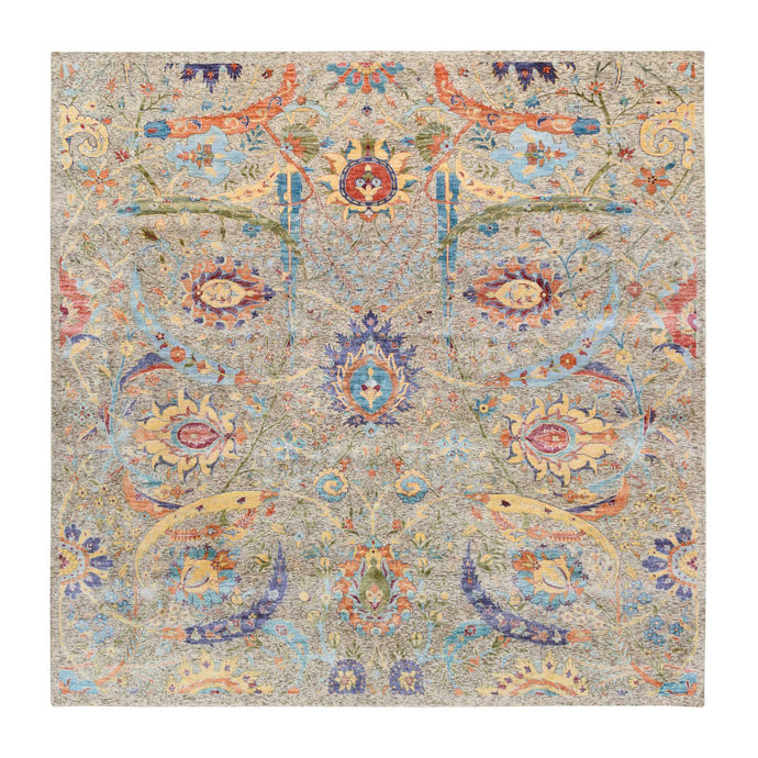 8'x8' Tan, Hand Knotted, Sickle Leaf Design, Silk With Textured Wool, Oriental, Square Rug FWR382098