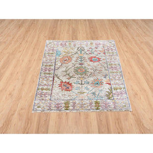2'2"x3'1" Beige, Silk With Textured Wool, Hand Knotted, Directional Vase Design, Oriental, Mat Rug FWR382446