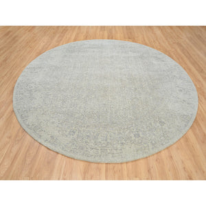 9'2"x9'2" Beige Wool and Plant Based Silk Hand Loomed Fine Jacquard with Erased Design Oriental Round Rug FWR382878