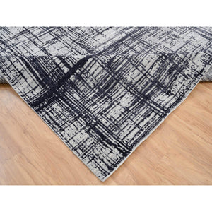 9'x11'10" Charcoal Black, Modern Erased Lines Design, Wool and Plant Based Silk, Hand Loomed, Oriental Rug FWR382956