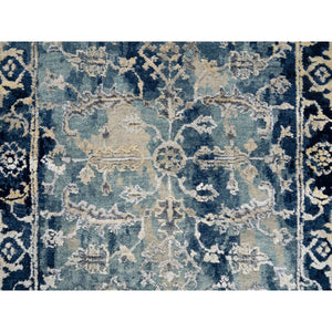 2'6"x6' Navy Blue, Wool and Silk Broken Persian Heriz Erased Design, Hand Knotted Runner Oriental Rug FWR383322
