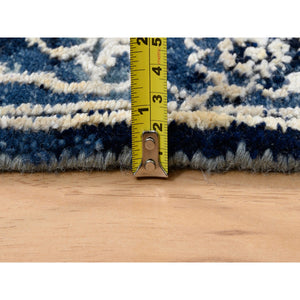 2'6"x6' Navy Blue, Wool and Silk Broken Persian Heriz Erased Design, Hand Knotted Runner Oriental Rug FWR383322