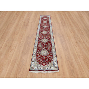 2'7"x14'1" Cherry Red, Wool Hand Knotted, Nain with Medallion and Flower Design 250 KPSI, Runner Oriental Rug FWR383844