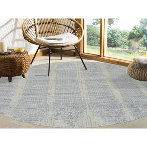 9'x9' Gray, Tone On Tone Transitional Erased Design, Jacquard Hand Loomed, Wool and Plant Based Silk, Oriental, Round Rug FWR385854
