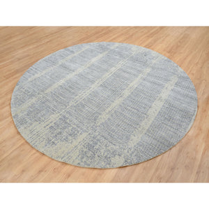 9'x9' Gray, Tone On Tone Transitional Erased Design, Jacquard Hand Loomed, Wool and Plant Based Silk, Oriental, Round Rug FWR385854