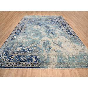 10'x13'10" Blue-Teal Broken Persian Heriz Hand Knotted Erased Design Wool And Silk Oriental Rug FWR385992