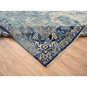 10'x13'10" Blue-Teal Broken Persian Heriz Hand Knotted Erased Design Wool And Silk Oriental Rug FWR385992