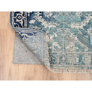 2'7"x11'9" Blue-Teal Broken Persian Heriz Erased Design Wool And Silk Hand Knotted Oriental Rug FWR386130