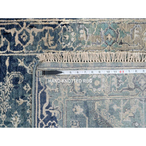 2'7"x11'9" Blue-Teal Broken Persian Heriz Erased Design Wool And Silk Hand Knotted Oriental Rug FWR386130