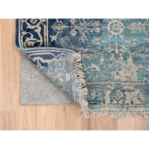 2'7"x10' Blue-Teal Erased Design Wool And Silk Hand Knotted Broken Persian Heriz Runner Oriental Rug FWR386136