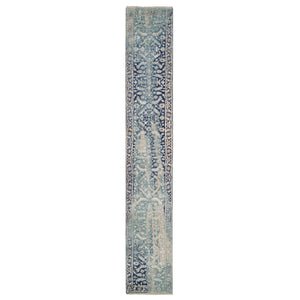 2'7"x15'9" Blue-Teal Erased Design Wool And Silk Broken Persian Heriz Hand Knotted Oriental Runner Rug FWR386202