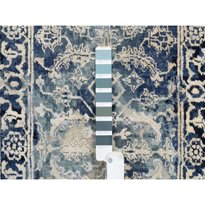 2'x3' Blue-Teal Erased Design Wool And Silk Hand Knotted Broken Persian Heriz Oriental Mat Rug FWR386310