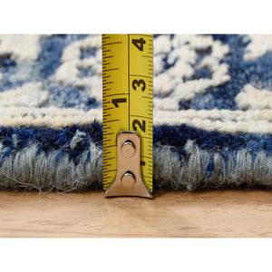2'x3' Blue-Teal Erased Design Wool And Silk Hand Knotted Broken Persian Heriz Oriental Mat Rug FWR386310