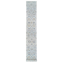 Load image into Gallery viewer, 2&#39;6&quot;x18&#39;1&quot; Ivory and Blue Silk with Textured Wool Hand Knotted, Sickle Leaf Design Soft Pile, XL Runner Oriental Rug FWR387912