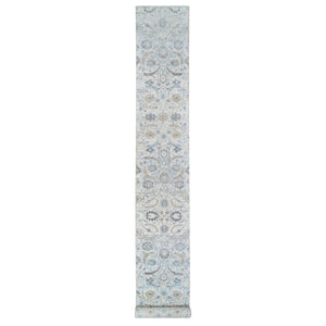 2'6"x18'1" Ivory and Blue Silk with Textured Wool Hand Knotted, Sickle Leaf Design Soft Pile, XL Runner Oriental Rug FWR387912