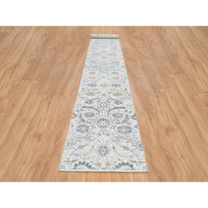 2'6"x18'1" Ivory and Blue Silk with Textured Wool Hand Knotted, Sickle Leaf Design Soft Pile, XL Runner Oriental Rug FWR387912