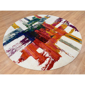 7'10"x7'10" Colorful, Hand Knotted, Modern Abstract Motifs Painter's Brush Strokes, Wool and Sari Silk, Round Oriental Rug FWR387978