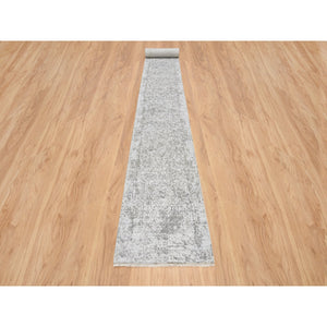 2'7"x23'9" Gray, Hand Knotted, Broken Persian Design, Wool and Pure Silk, XL Runner Oriental Rug FWR389064