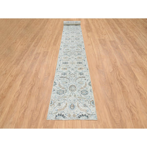 2'7"x22' Ivory, Hand Knotted Sickle Leaf Design, Soft Pile Silk With Textured Wool, XL Runner Oriental Rug FWR389424