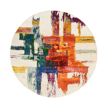 Load image into Gallery viewer, 5&#39;x5&#39; Colorful, Modern Abstract Motifs with Painter&#39;s Brush Strokes, Wool and Sari Silk Hand Knotted, Round Oriental Rug FWR389436