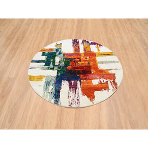 5'x5' Colorful, Modern Abstract Motifs with Painter's Brush Strokes, Wool and Sari Silk Hand Knotted, Round Oriental Rug FWR389436