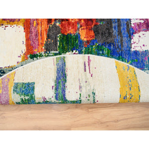 5'x5' Colorful, Modern Abstract Motifs with Painter's Brush Strokes, Wool and Sari Silk Hand Knotted, Round Oriental Rug FWR389436